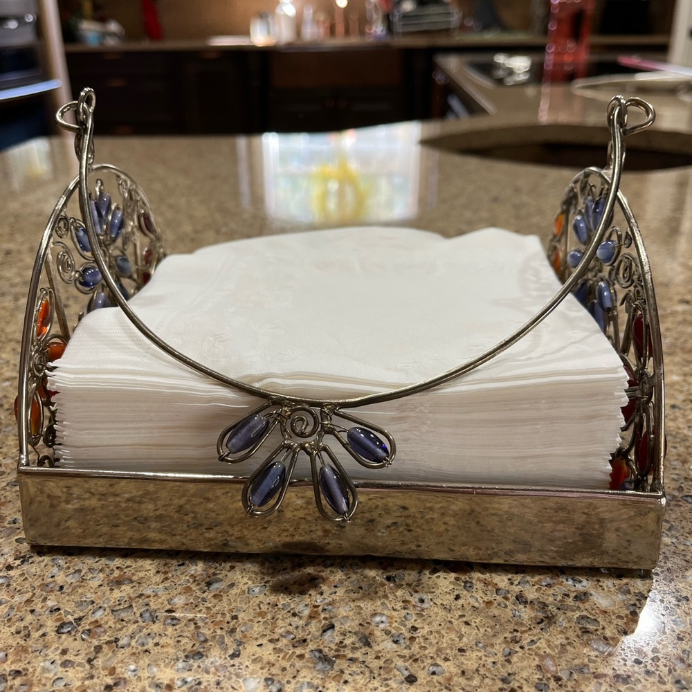 Vintage Glass Like Beaded Silver Napkin Holder with Beaded Handle - Picture 11 of 16